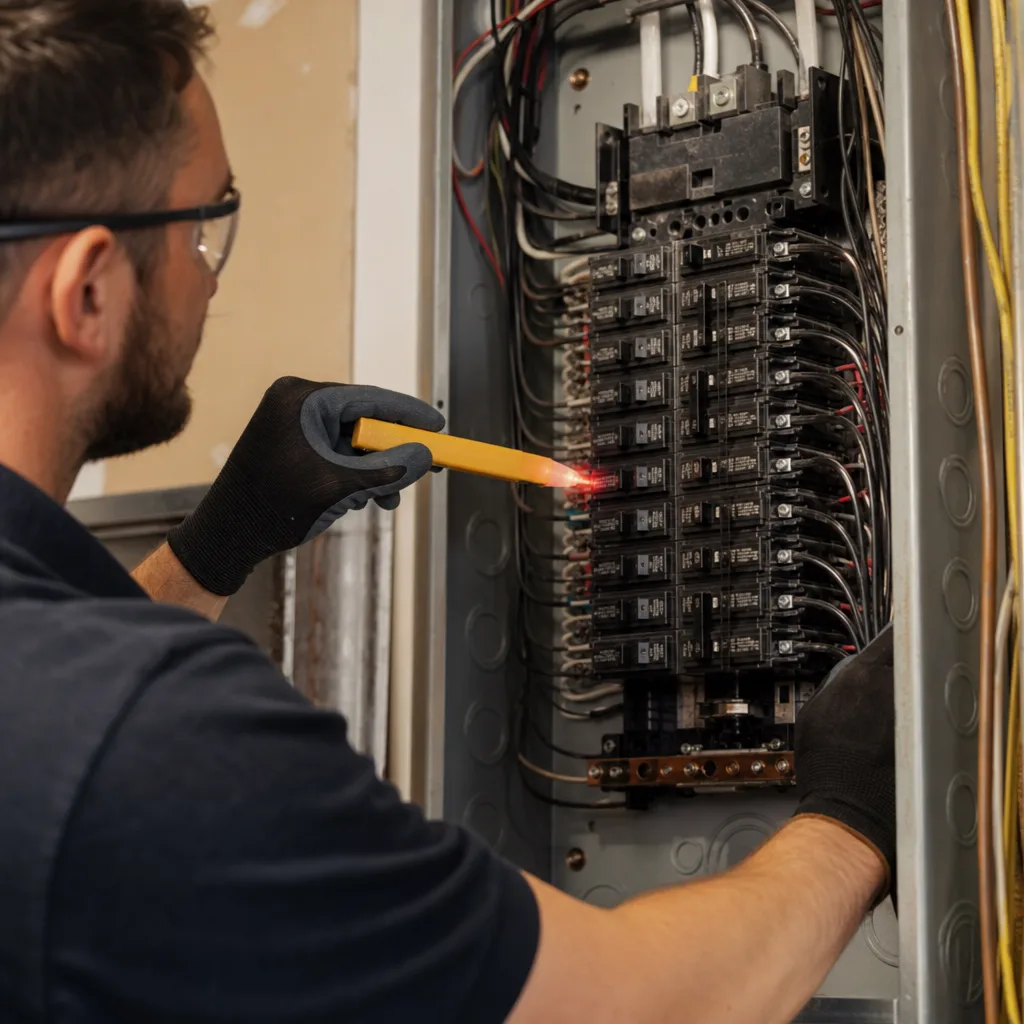 Electrician working on a residential electrical panel