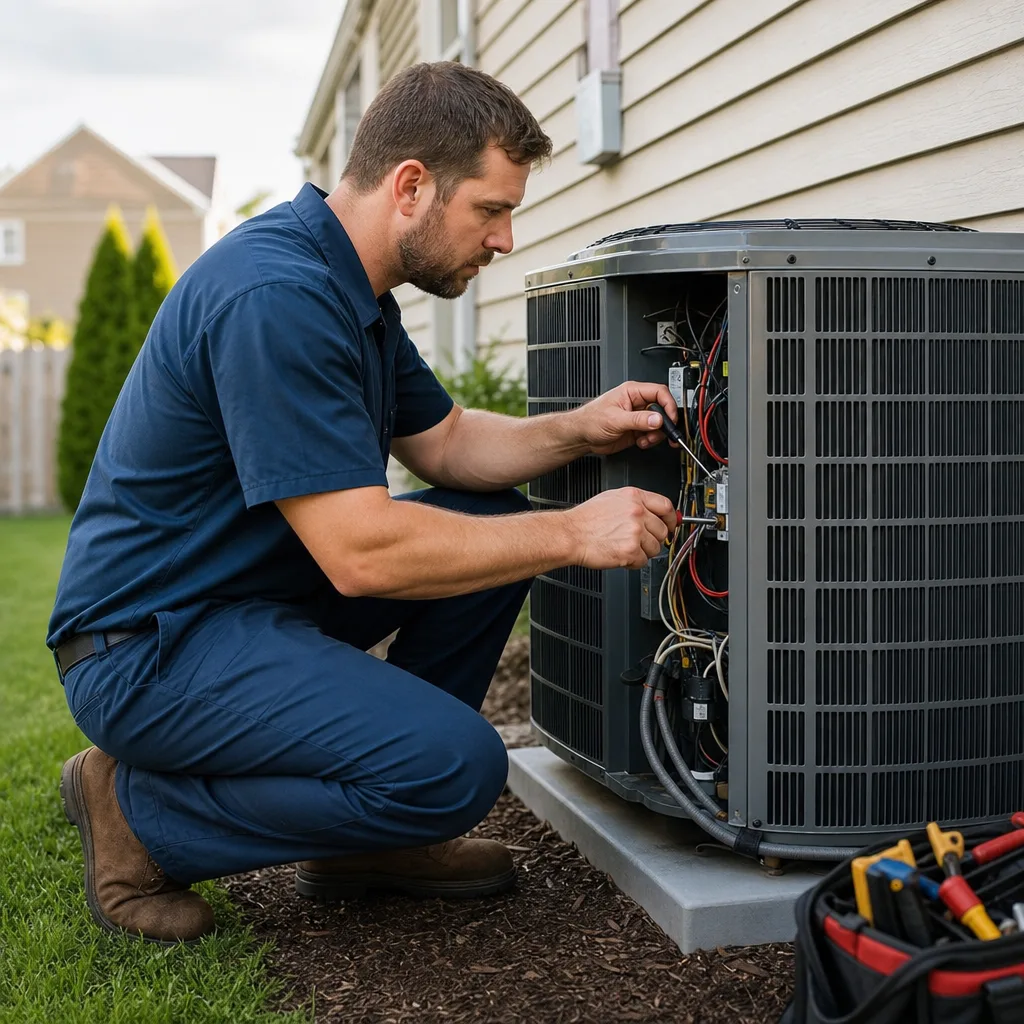 HVAC technician servicing a home heating and cooling system