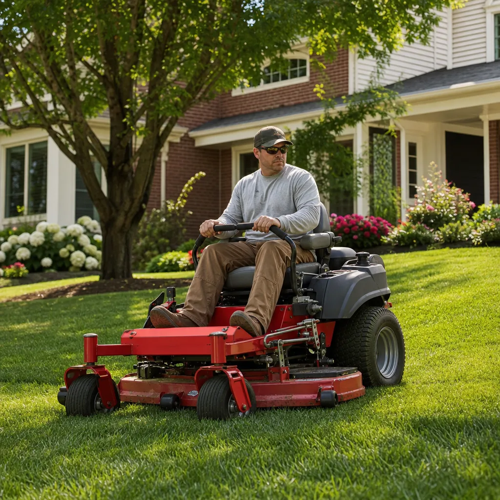 Landscaping crew member maintaining a residential yard