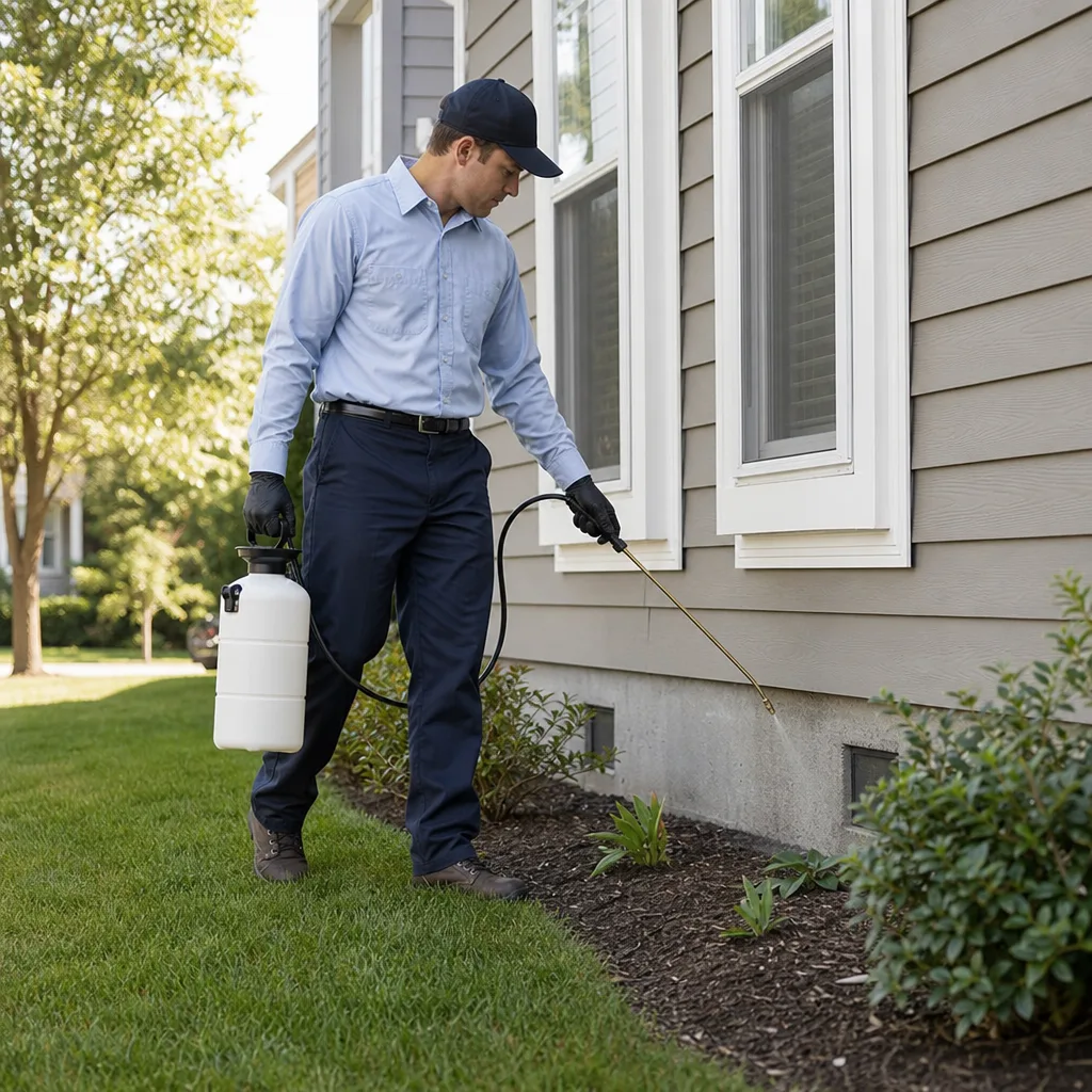 Pest control technician treating the exterior of a home