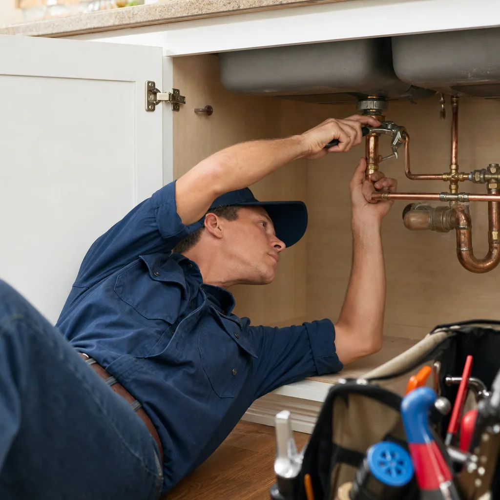 Plumber working on residential pipes under a sink