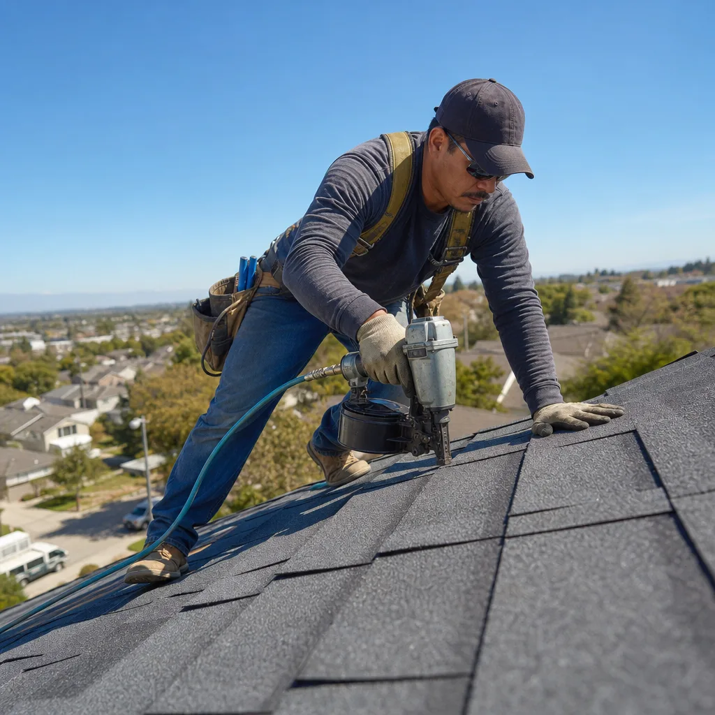 Roofing contractor working on a residential roof